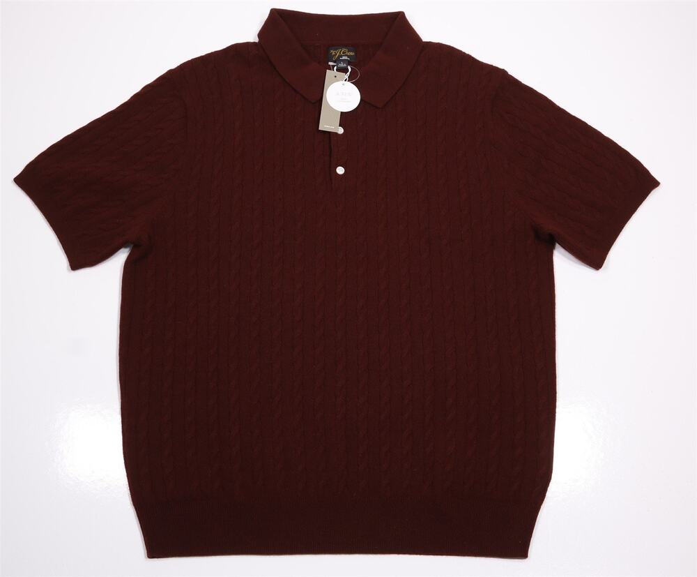 J Crew Mens Burgundy Short Sleeve 100% Cashmere Cable Knit Polo Sweater Large